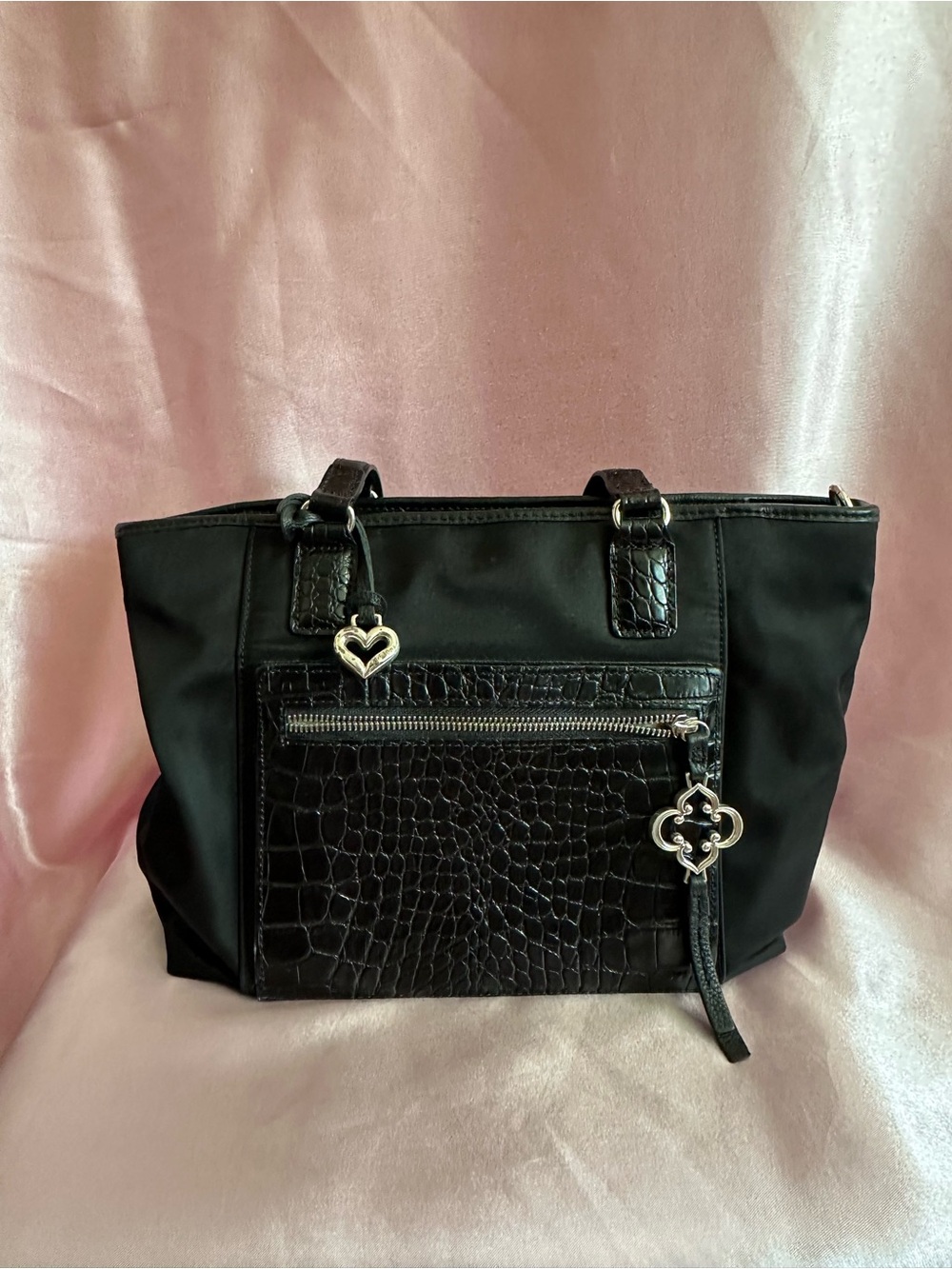 Brighton Black Tote with Croc-Embossed Pocket and Silver Charms